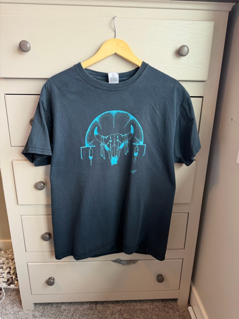 Vintage Native American Black Graphic Tee with Turquoise Ram Skull Print